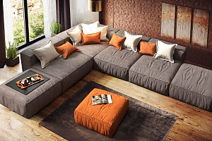 Современный коричневый диван трансформер Фри с пуфом 